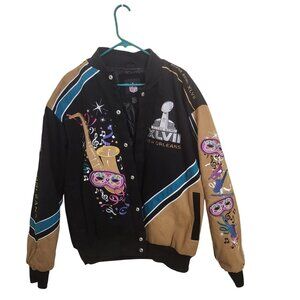 NFL Super Bowl XLVII New Orleans Jacket L/G Black Tan Teal Embroidered Musical N